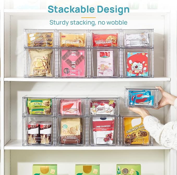 Vtopmart 4 Pack Clear Stackable Storage Drawers,Under Sink and Kitchen Organizers Storage,Easy to Assemble Plastic Drawers for Baby Bottle,Medicine, Bathroom,Cabinet and Pantry Organization