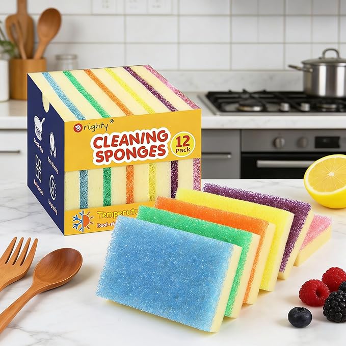 Orighty Dish Sponges, Dual-Sided Temperature-Responsive Kitchen Sponges, Non-Scratch Cleaning Sponge, Dish Scrubber, Scrub Sponge for Kitchen, Bathroom & Household, 12 Pack