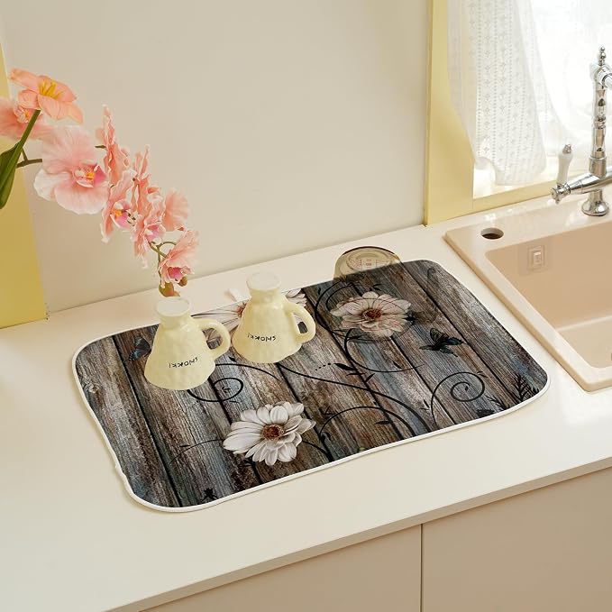 Brown Dish Drying Mat 18x24 Inches For Kitchen Counter Absorbent Daisy Floral Kitchen Decoration Spring Summer Flower Drying Mat Pad For Home Kitchen,Dining Room,Office Decoration