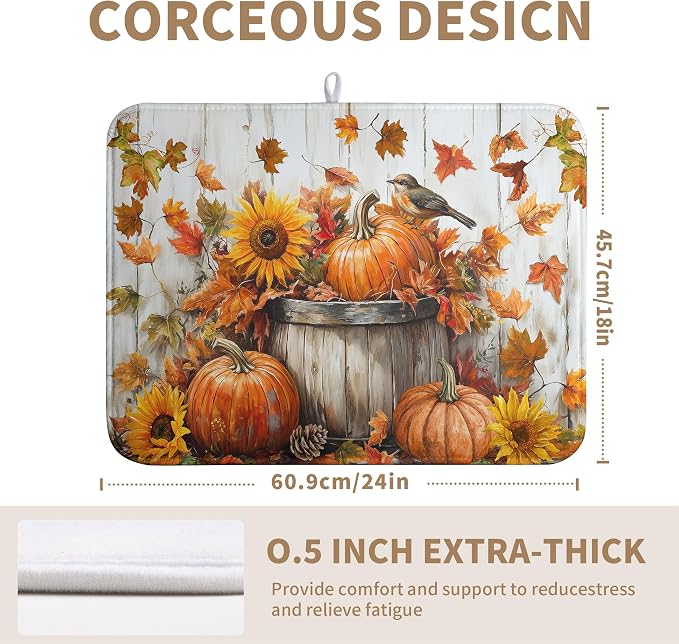 Fall Dish Drying Mat for Kitchen Counter Pumpkin Sunflower Maple Leaf Birds Drying Mats Autumn Thanksgiving Harvest Dish Drainer Mat Absorbent Microfiber Dishes Pad Large 18x24 Inch