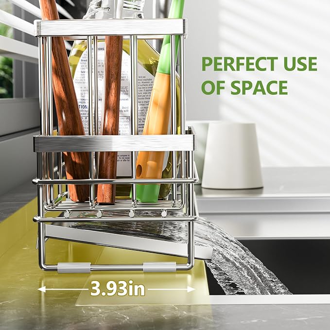 Cisily Sink Caddy Sponge Holder for Kitchen with Brush Holder and Stainless Steel Self Drain Tray, Rustproof Kitchen Sink Organizer for Sponge, Soap Dispenser Storage Accessories
