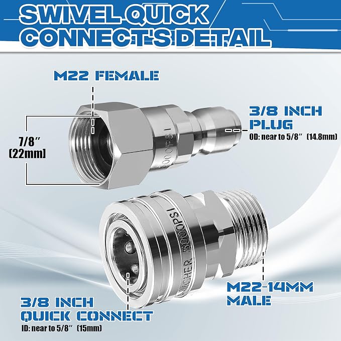 Pressure Washer Swivel Adapter, M22 14mm to 3/8" Quick Connect | Stainless Steel, 2 Pack, Quick Disconnect for Power Washer Hose, 5000 PSI