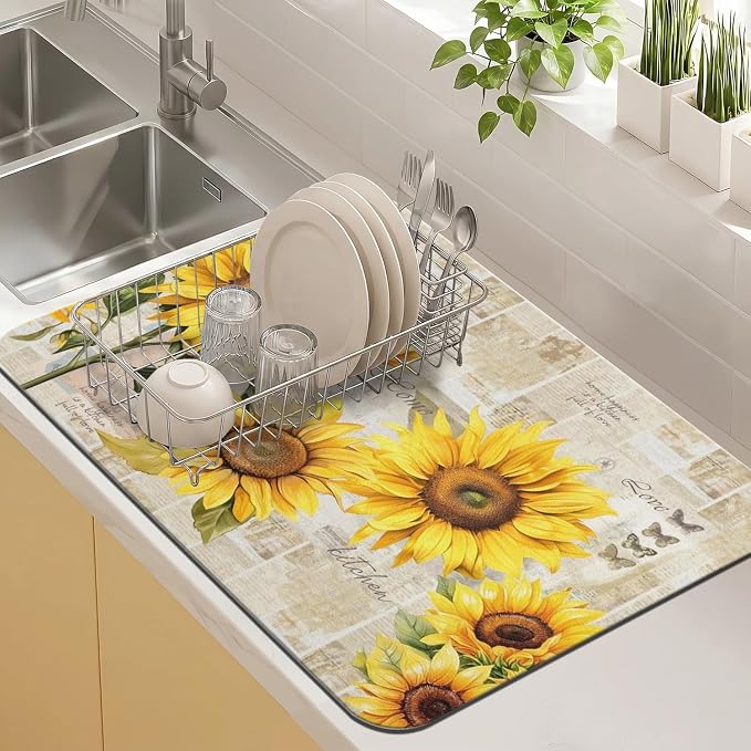 Sunflower Kitchen Countertop Dish Drying Mat,Super Absorbent Coffee Bar Mat for Maker Espresso Machine, Anti-Slip Accessories for Kitchen Countertops 24x18 Inch