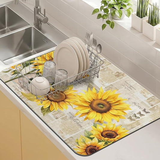 Sunflower Kitchen Countertop Dish Drying Mat,Super Absorbent Coffee Bar Mat for Maker Espresso Machine, Anti-Slip Accessories for Kitchen Countertops 24x18 Inch