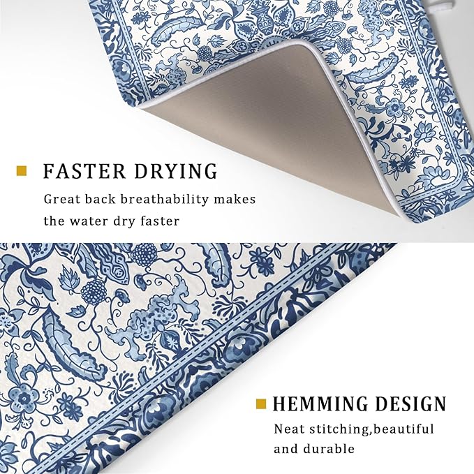 Chinoiserie Floral Dish Drying Mat for Kitchen Counter Blue and White Flowers Pattern Dish Drying Pad 16”x18”Absorbent Reversible Seasonal Decor Dishes Drainer Pad Dish Dry Rack Mat for Counter top