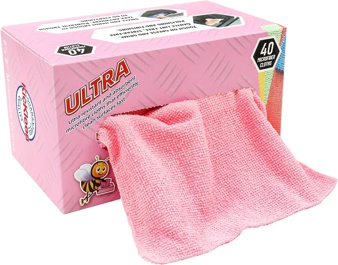Microfiber Cleaning Cloth, Lint-Free Shop Towels Reusable, Bulk Rags in a Box for Home, Kitchen and Car, 8 Inch x 8 Inch,40 Pack with Box (Pink)