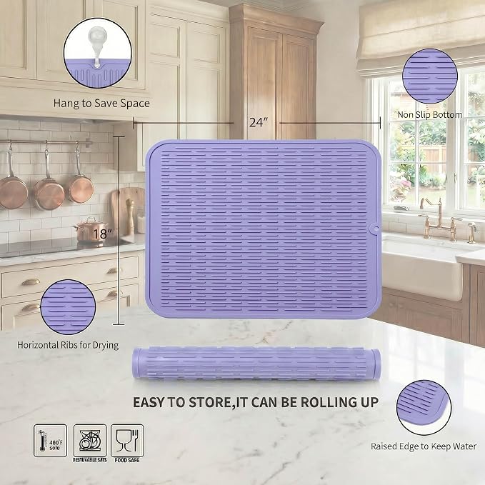MicoYang Silicone Dish Drying Mat for Multiple Usage,Easy clean,Eco-friendly,Heat-resistant Silicone Mat for Kitchen Counter or Sink,Refrigerator or Drawer Liner Light Purple 2XL 24 inches x 18 inches