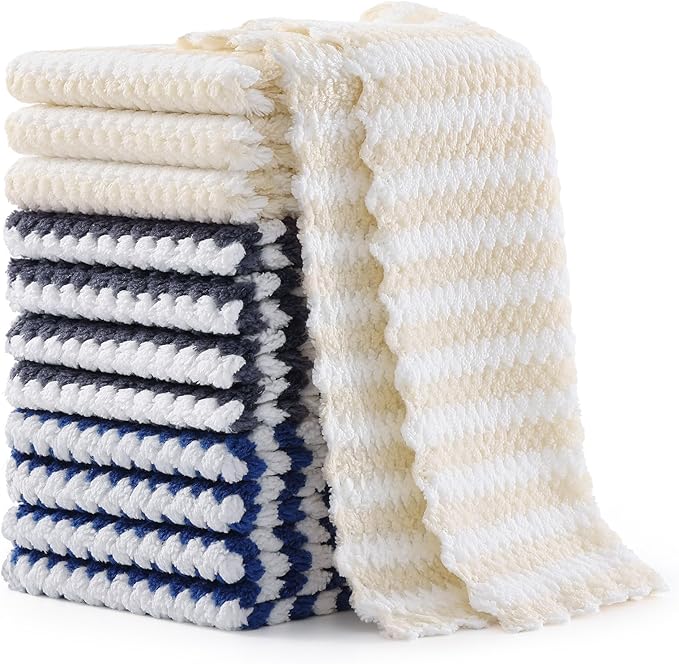 Homaxy 12 Pack Kitchen Dish Cloths, Ultra Soft and Absorbent Dish Towels, Reusable Fast Drying Microfiber Cleaning Cloth, Coral Velvet Wave Design No-lint, 7 x 9 inches, Dark Grey/Navy Blue/Beige