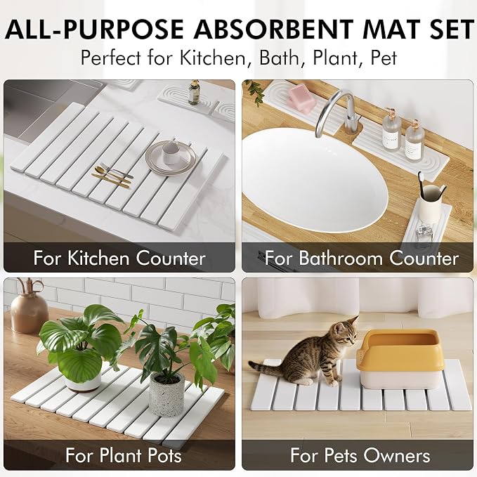 4 Pcs Stone Dish Drying Mat Set, 24''x16'' Large Super Absorbent Diatomaceous Earth Stone Drying Mat Faucet Mat with 2 Coasters, Collapsible Quick Dry Mat for Kitchen Counter Dishes