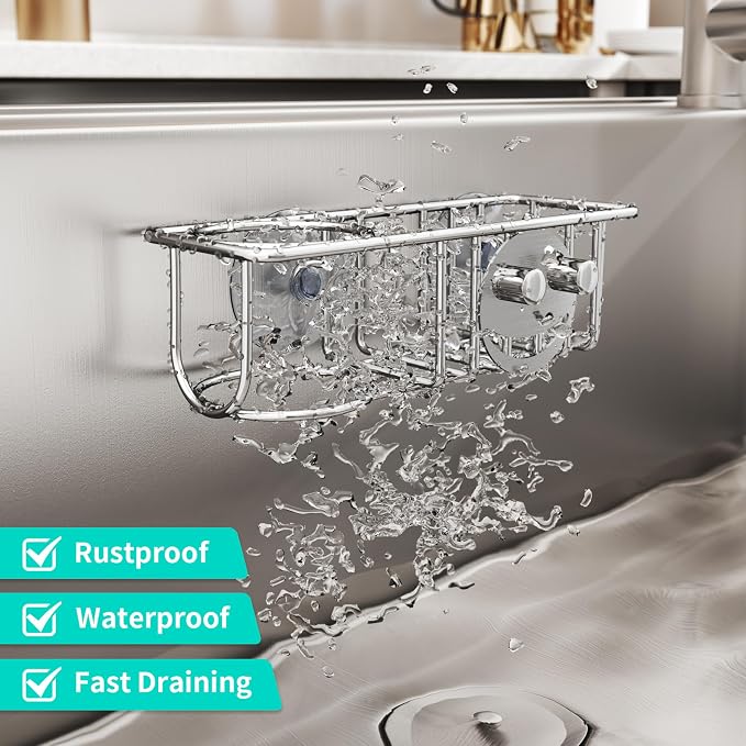 HapiRm Sink Caddy Sponge Holder - No Drill Kitchen Sink Organzier with Smiley Face Sponge Holder, Rustproof and Waterproof Kitchen Organizer - Silver