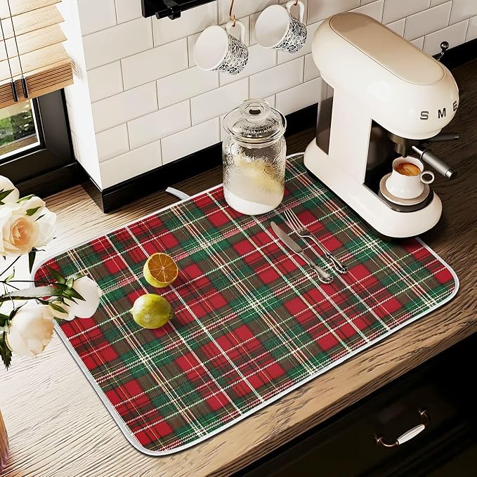 Christmas Red Green Buffalo Checkered Dish Drying Mat for Kitchen Counter Absorbent Microfiber Small Drying Pad Dish Mats for Kitchen Countertops 16 x 18 Inch
