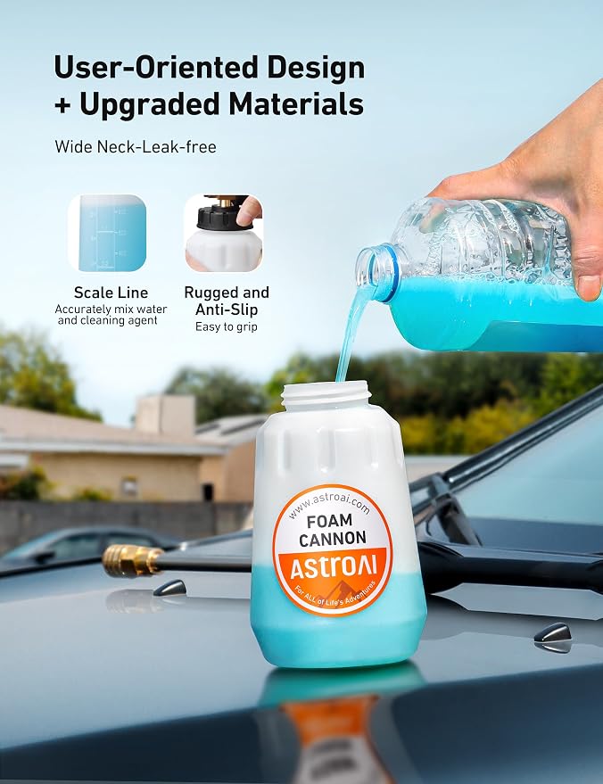AstroAI Foam Cannon for Pressure Washer with 1/4" Quick Connect Plug, 1 L | Thick Foam, Car Wash, Heavy Duty Durable Foam Sprayer, Wide Neck, Adjustable Snow Foam Lance, Easy Install, Detailing, Brass