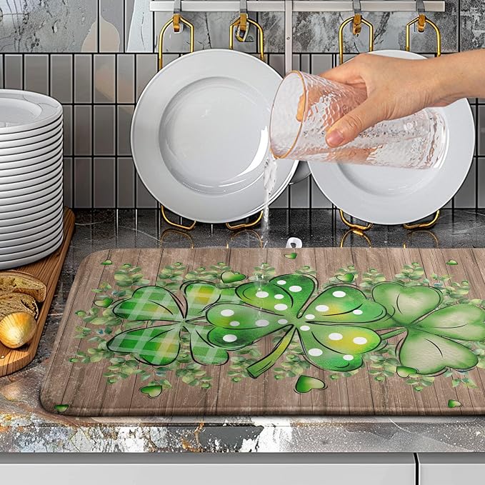 St Patricks Day Wooden Plank Texture Shamrock Dish Drying Mat St Patrick Eucalyptus Leaves Clover Dish Drying Pad for Kitchen Counter Absorbent Microfiber Dishes Drainer Rack Mats 18x24 Inch