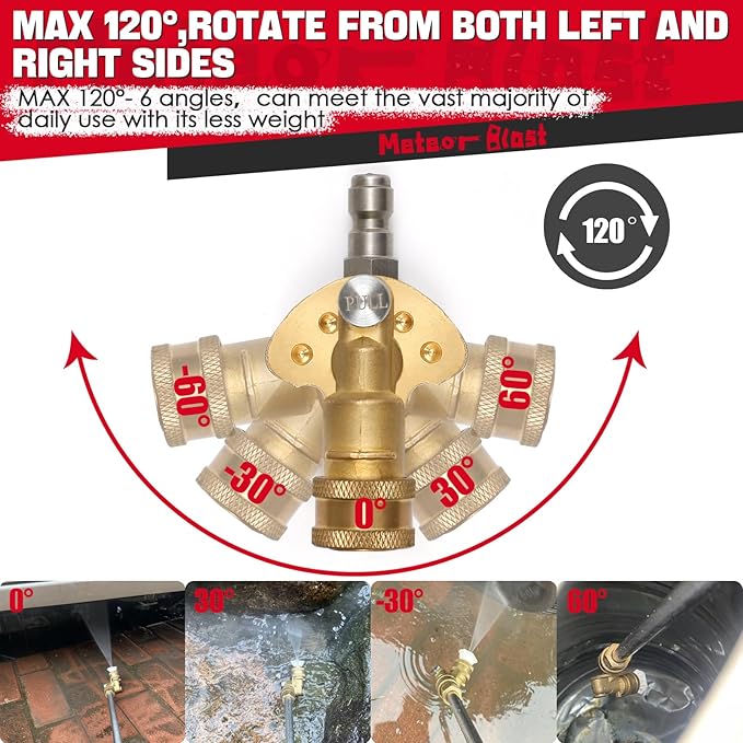 Meteor Blast Pivoting Coupler with 8 pressure washer nozzle tips 2.5gpm, 5 Angles 120 degree, heavy duty design and Stainless Steel Safety Lock, Clean Hard to Reach Area, 5000PSI, 1/4” Quick connect