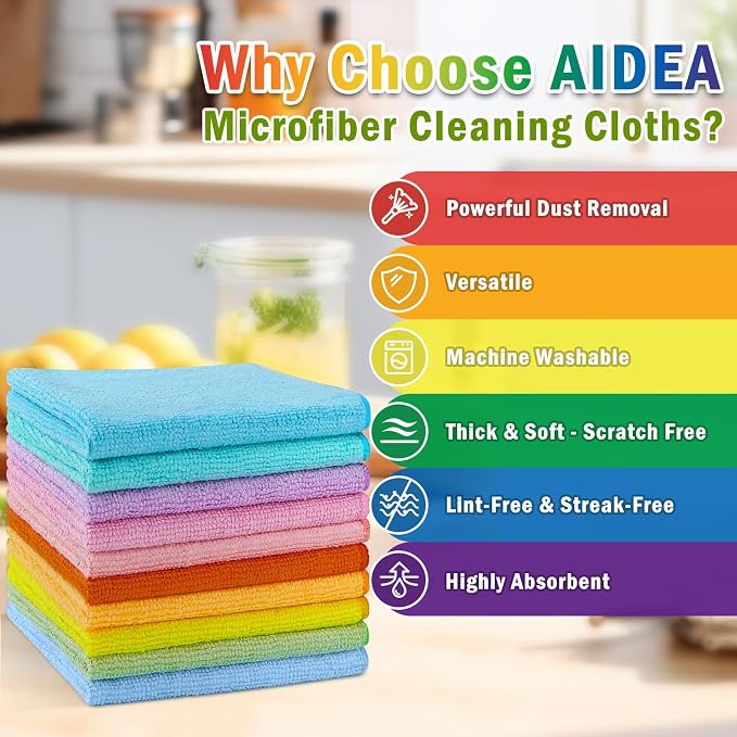 AIDEA Microfiber Cleaning Cloth, 50PK, Cleaning Rags, 11.5"×11.5" | Lint Free Cloth, Microfiber Towels for Cars, Kitchen Cloth, Dusting Cloth for Home, Window, Cleaning Supplies