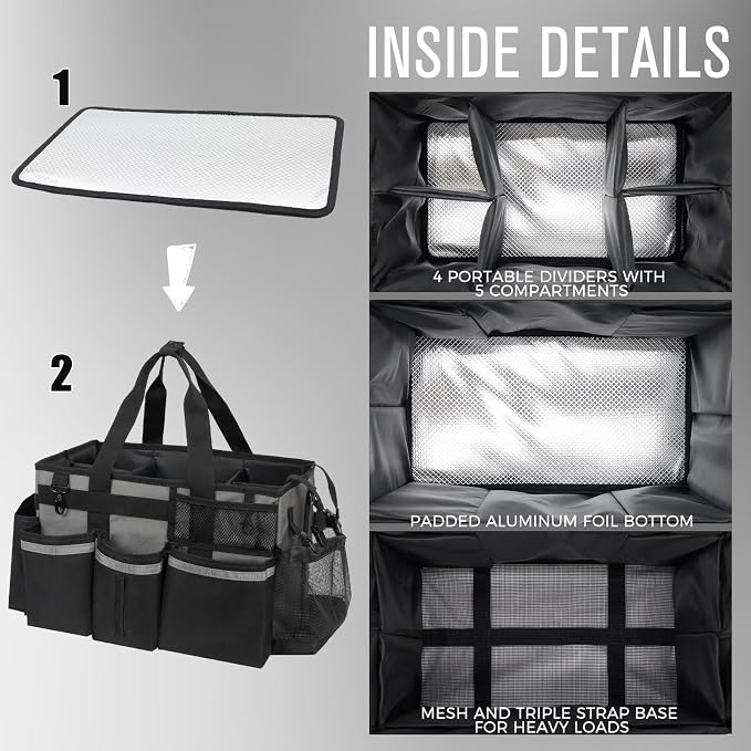SCAVATA Wearable Cleaning Caddy, Cleaning Caddy Supplies Organizer with Handle & Shoulder Straps for Housekeepers, Under Sink & Car Cleaning Tool Organizers Bag with 4 Foldable Divider (MediumGrey)