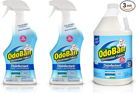 OdoBan Ready-to-Use Disinfectant and Odor Eliminator, Made in the USA, Fresh Linen Scent, Set of 3, 2 Spray Bottles, 32 Ounces Each and 1 Gallon Concentrate
