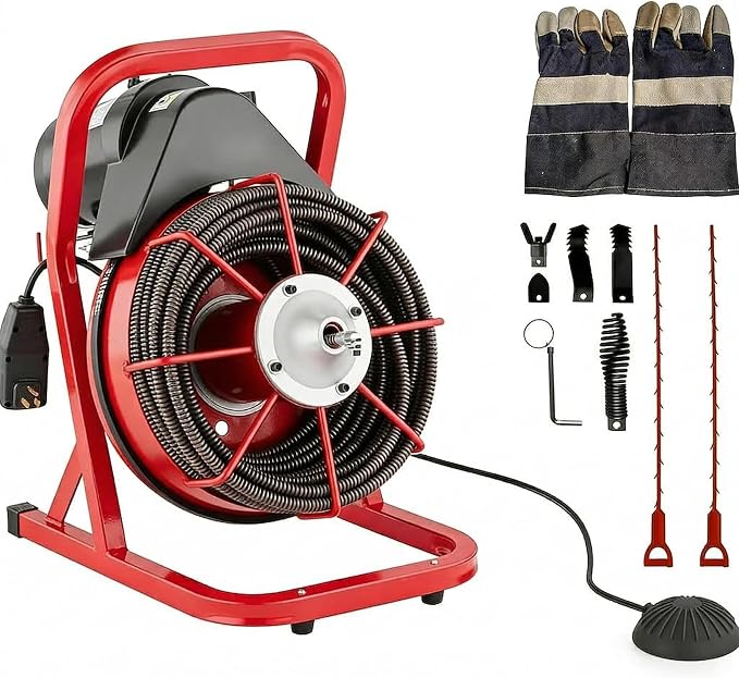 75FT x 1/2 Inch Drain Cleaner Machine, 400W Portable Drain Cleaning Machine Snake with 6 Cutters & Foot Switch for 1" to 4" Pipes, Heavy Duty Sewer Auger for Sinks, Toilets, Showers