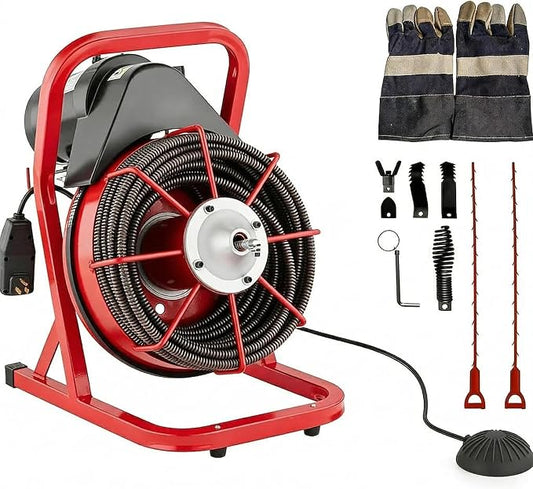 75FT x 1/2 Inch Drain Cleaner Machine, 400W Portable Drain Cleaning Machine Snake with 6 Cutters & Foot Switch for 1" to 4" Pipes, Heavy Duty Sewer Auger for Sinks, Toilets, Showers