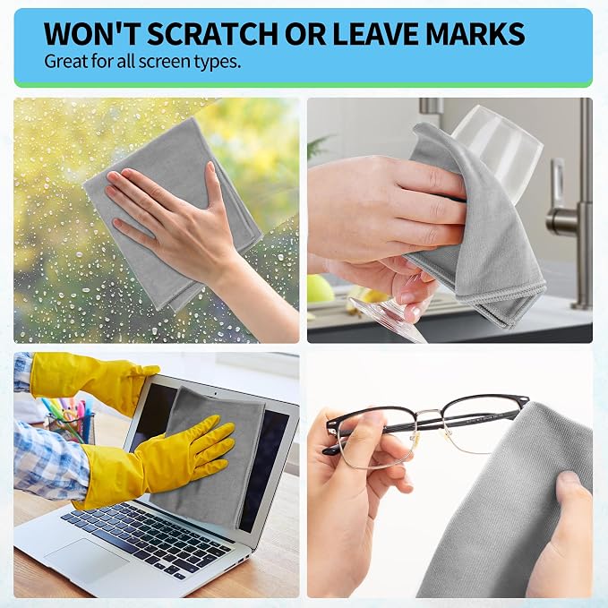 Microfiber Cleaning Cloth, 12 Pack Window Glasses Cleaning Cloth, Reusable Lint-Free Streak Free Polishing Cloth Wipes for Stainless Steel, Eyeglasses, Mirrors, Screens & Lenses,12"*12" Grey