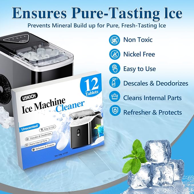 USKICH Ice Machine Cleaner Descaler Tablets-12 Pack Ice Maker Cleaner Compatible with Frigidaire, Opal, GE Profile, Kitchenaid, Nickel Safe Scale Remover for Countertop, Nugget Ice Makers