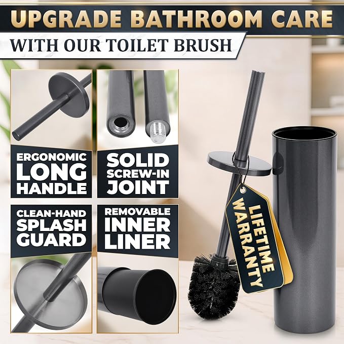Graphite Metallic Stainless Steel Toilet Brush and Holder Set | Toilet Bowl Brush and Holder with Splash Cover, Sturdy Bristles, Corrosion & Scratch Resistant, Elegant Design