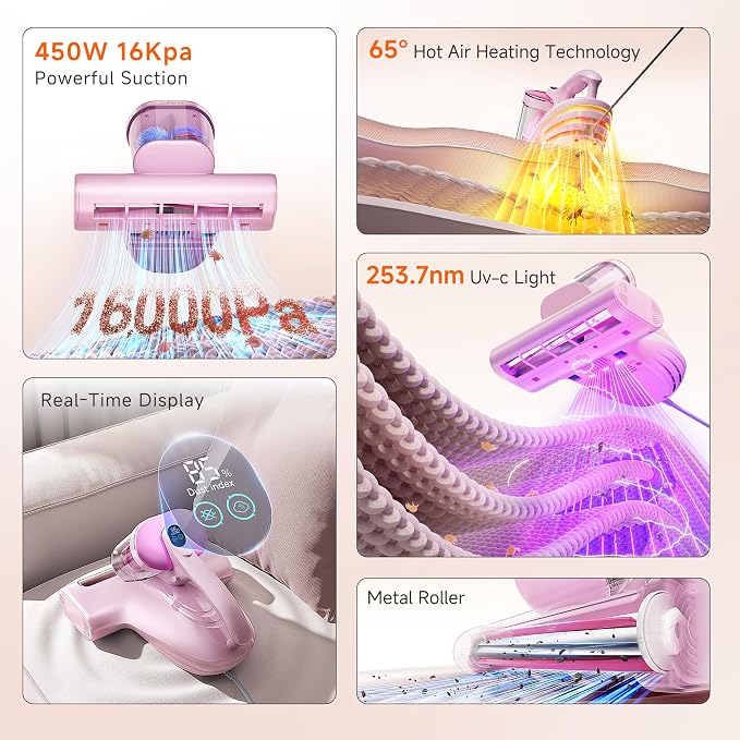 uwant Bed Cleaner with 16Kpa Suction Metal Roller 253.7nm Uv-c Light Mattress Vacuum Cleaner 36000RPM/Min 149℉ Heating HEPA Filter&Ultrasonic Mattress Vacuum for Sofa, Pillow, Bed Throws Set of 1
