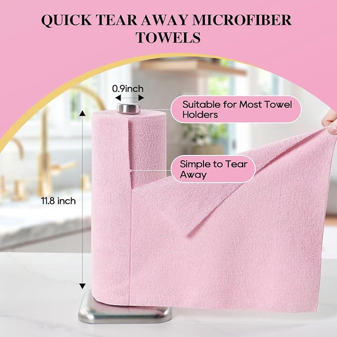 Microfiber Cleaning Cloth Roll 45 Pack, 12"×12", Reusable, Tear Away, Pink | Reusable Paper Towels，Tear Away, Highly Absorbent, Lint Free, All-Purpose Washable for Kitchen, Window, Car, Shop