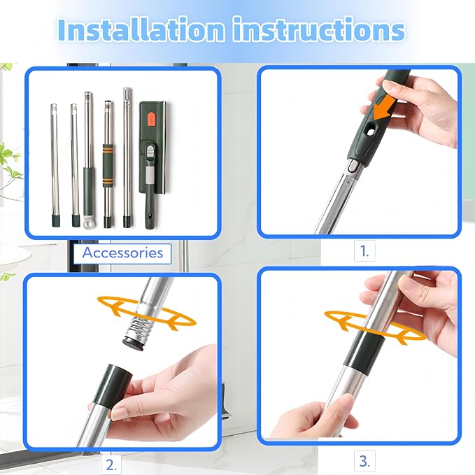 4 in 1 Window Squeegee Cleaner Set,Long Squeegee for Window Cleaning with 81" Adjustable Extendable Pole,Professional Long-Handled Window Washing Kit for Home,Outdoor Windows, Glass, Floor