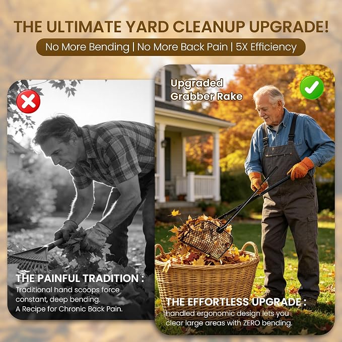 Leaf Grabber Rake with Long Handle - Heavy Duty Metal Leaves Collector & Yard Waste Picker Upper - Ergonomic Lawn Grabbers & Scoops for Grass, Debris, Twigs - No-Bending Yard Clean Up Tool
