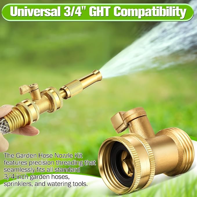 3 Pcs Brass Hose Nozzle Kit, Adjustable Twist Garden Hose Nozzle with High Pressure Jet Spray, Brass Shut off Valve, 10 Rubber Washers, 3/4 Inch Ght for Watering Plants, Car Wash, Cleaning