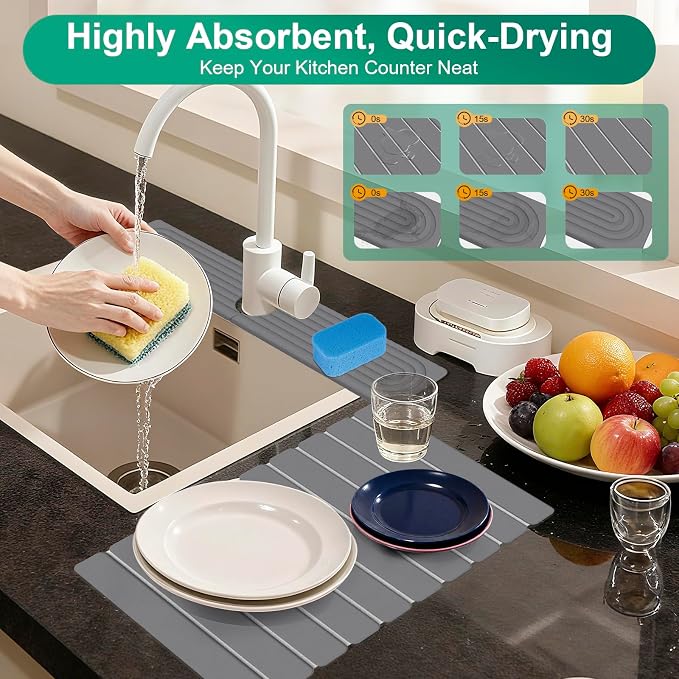 Stone Drying Mat for Kitchen Counter, 24"x16" Water Absorbing Dish Drying Mat with 24"x4" Faucet Mat for Kitchen Sink, Diatomaceous Earth Quick Dry Stone Mats for Dishes Bottles Cups (Dark Gray)