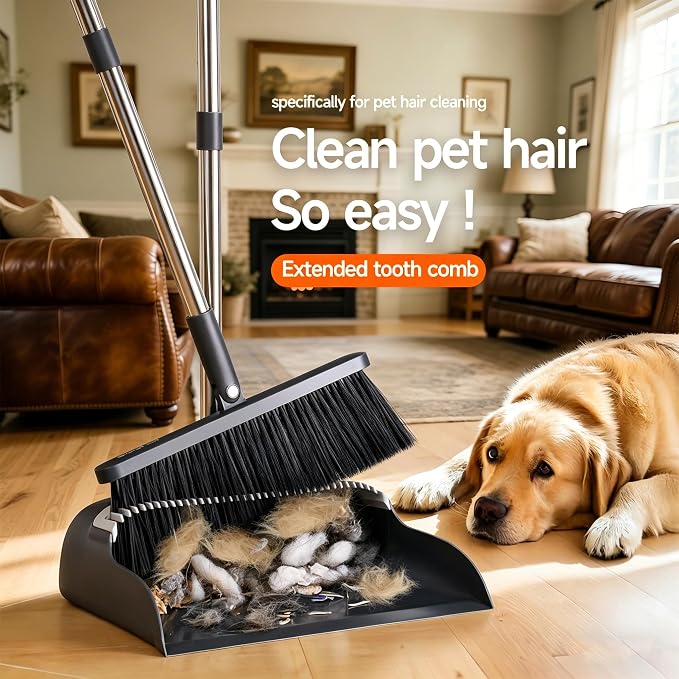Broom and Dustpan Set, 52" Long Handle with Dust Pan Teeth, Black | Standing Broom with Dustpan Combo Set Clean Pet Hair, Easy Sweeping Suitable for Home Kitchen Office Lobby