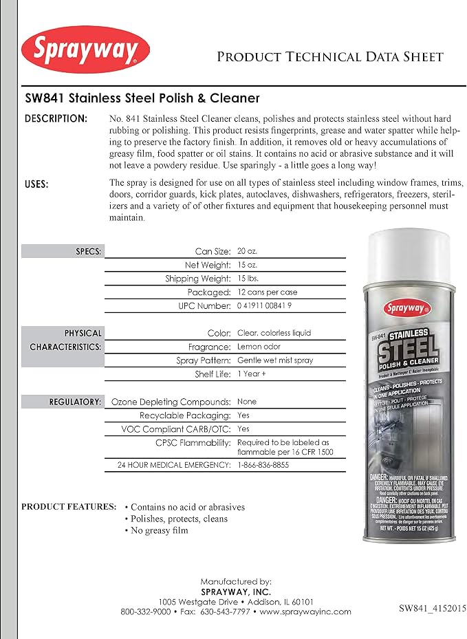 Sprayway SW831-12PK Stainless Steel Polish and Cleaner, 15 oz, Pack of 12