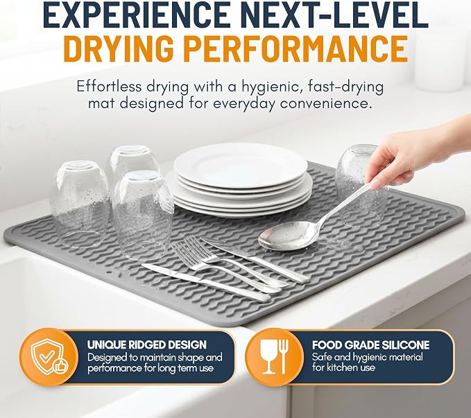 Silicone Dish Drying Mat for Kitchen Counter - Multi-Use 16 x 12 Inch Pad, Non-Slip & Heat-Resistant, Perfect Dish Drainer Mat by Linda’s Essentials, Ideal Kitchen Accessory (Gray)