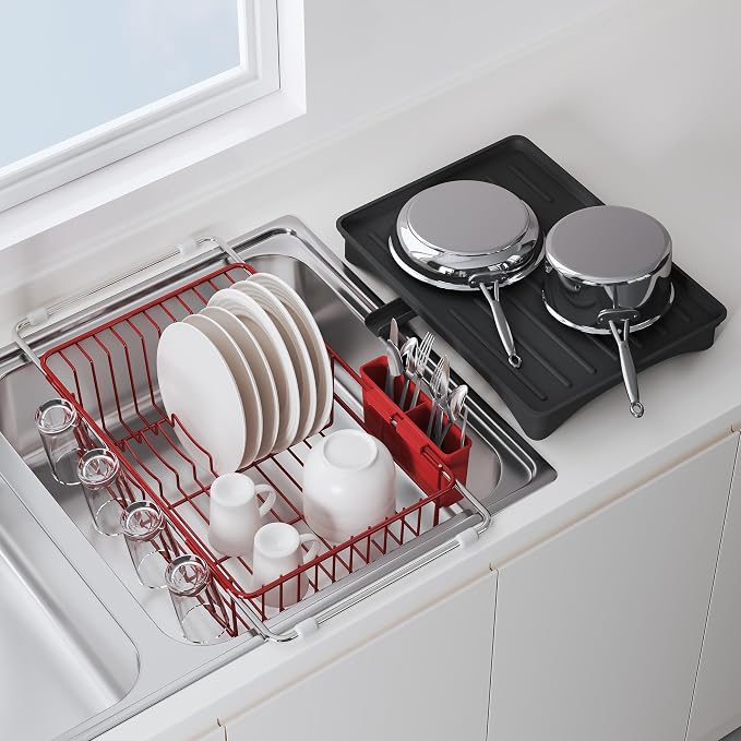 JASIWAY Red Dish Drying Rack in Sink, Expandable Stainless Steel Dish Drainers with Drainboard for Kitchen Counter, Space Saving Dish Dryer Rack, Over The Sink Dish Racks with Utensil Holder
