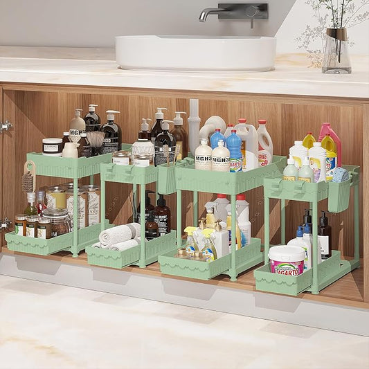 Sevenblue 4-Pack 2-Tier Under Sink Organizer with Pull Out Drawers | Multi-use kitchen & bathroom storage. Includes hanging hooks and cups. Green, space-saving cabinet design. 12.8 Inch