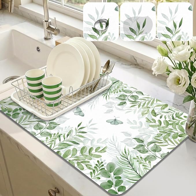 LOKHOM Dish Drying Mat for Kitchen Counter, 12"x20" Absorbent Coffee Bar Mat with Green Plant & Butterfly, Dish Drainer Rack Mats for Kitchen Counter Coffee Maker Pot Dining Room Decoration