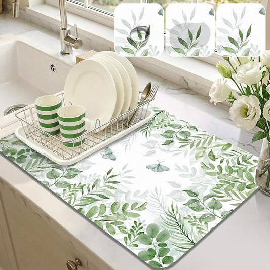 LOKHOM Dish Drying Mat for Kitchen Counter, 12"x20" Absorbent Coffee Bar Mat with Green Plant & Butterfly, Dish Drainer Rack Mats for Kitchen Counter Coffee Maker Pot Dining Room Decoration