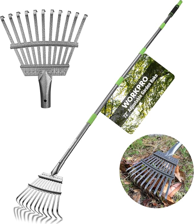 WORKPRO Rake, Small Rake for Leaves with 72” Adjustable Long Handle | 11 Steel Tines, Heavy Duty Metal Leaf Rakes for Garden, Lawn, Yard, Flower Bed, Narrow Rakes 9" Wide Head for Tight Spaces