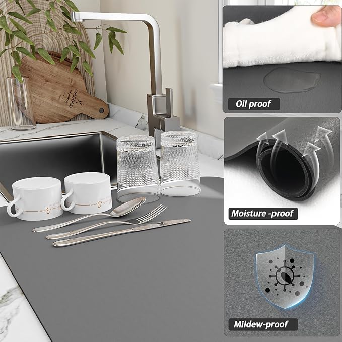 HotLive Dish Drying Mat for Kitchen Counter, Heat Resistant Drainer Mats with Non-slip Rubber Backed, Hide Stain Kitchen Super Absorbent Draining Mat, Easy to Clean Dish Rack Pad, Dark Grey 16"x18"