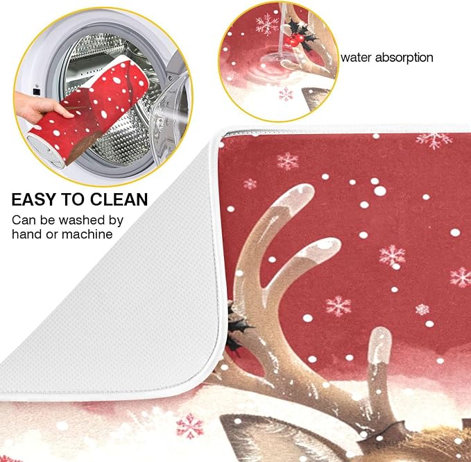 Christmas Reindeer Dish Drying Mat for Kitchen Countertop 18x24 Winter Snowflake Red Xmas Large Drying Mat Reusable Quick Dry Dish Sink Mats Easy Clean Decorative Essentials