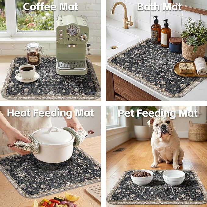 Boho Dish Drying Mat for Kitchen Counter,Vintage Dark Grey Modern Farmhouse Absorbent Microfiber Reusable Washable Non-Slip Dish Drainer Draining Mats Dishes Pad for Kitchen Decor 18x16 Inch