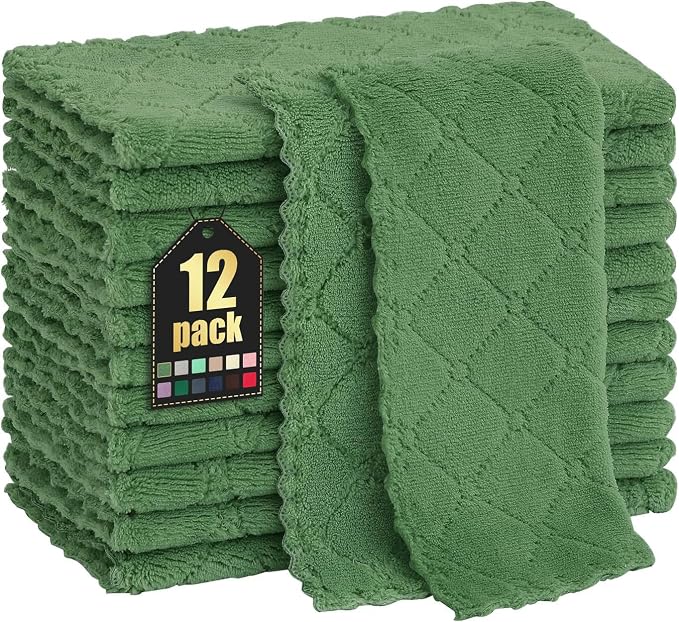 Homaxy 12 Pack Kitchen Dish Cloths (10 x 10 Inches, Grass Green), Super Soft and Absorbent Coral Velvet Dish Towels, Nonstick Oil Fast Drying Microfiber Cleaning Cloth, No Lint Household Dishcloths