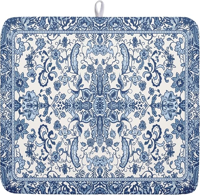 Chinoiserie Floral Dish Drying Mat for Kitchen Counter Blue and White Flowers Pattern Dish Drying Pad 16”x18”Absorbent Reversible Seasonal Decor Dishes Drainer Pad Dish Dry Rack Mat for Counter top