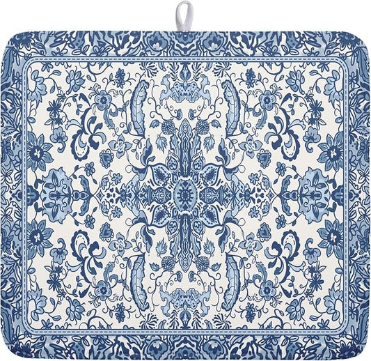 Chinoiserie Floral Dish Drying Mat for Kitchen Counter Blue and White Flowers Pattern Dish Drying Pad 16”x18”Absorbent Reversible Seasonal Decor Dishes Drainer Pad Dish Dry Rack Mat for Counter top