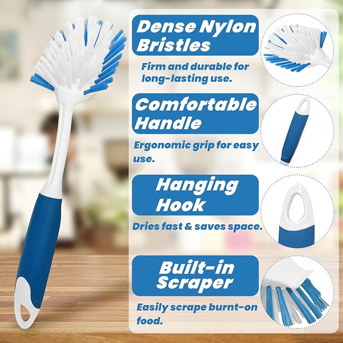2-Pack Dish Brushes with Scraper, Durable Nylon Bristles Kitchen Scrub Brush, Dish Scrubber with Handle for Pans, Sink, Bathroom