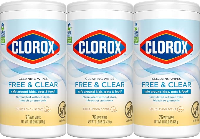 Clorox Free & Clear Cleaning Wipes, Light Lemon Scent, 75 Count, Pack of 3 (Pack May Vary)