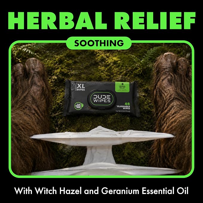 DUDE Wipes Herbal Relief Adult Flushable Wet Wipes, Witch Hazel, 144 Count | 3 packs of 48 extra large flushable butt wipes. Soothing relief. 99% water, geranium oil, vitamin E and aloe. Septic safe.