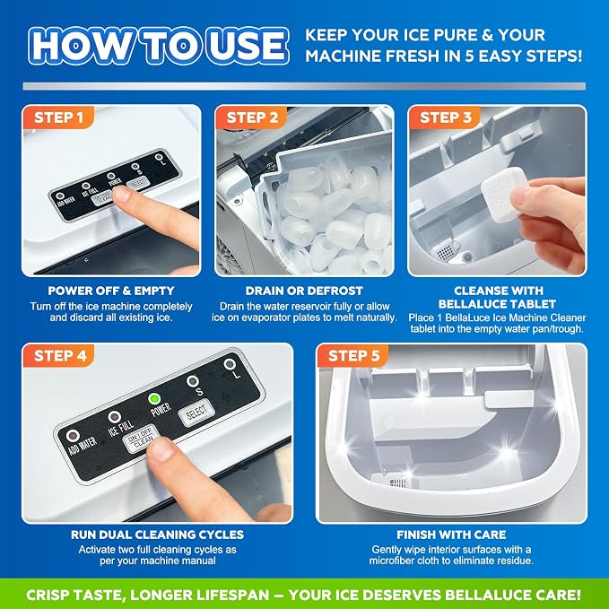 Bellaluce Ice Machine Cleaner Tablets Descaler (32 Pack) – Nickel-Safe Countertop Portable Commercial Ice Maker Cleaning – Remove Hard Water Buildup, Odor-Free, Crystal Clear Ice